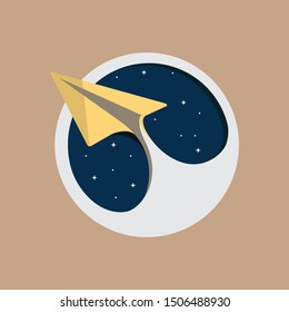 Paper plane as spaceship flying above clouds to another planet, mars. Business background for success, launch, startup, technology innovation, exploration, mission.