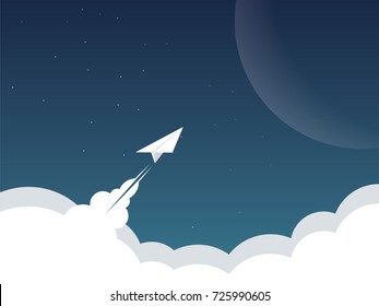 Paper plane as spaceship flying above clouds to another planet, mars. Business background for success, launch, startup, technology innovation, exploration, mission. Eps10 vector illustration.