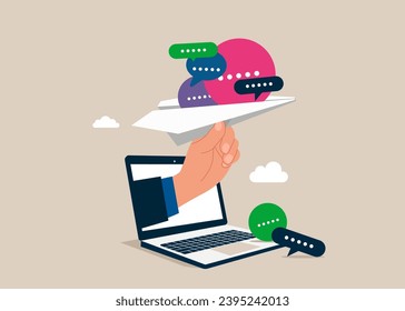 Paper plane with speech bubbles inside. Online team communication, online colleague chatting. Flat vector illustration.
