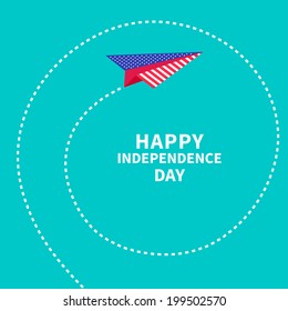 Paper plane with spiral. Dash line. Happy independence day United states of America. 4th of July. Vector illustration