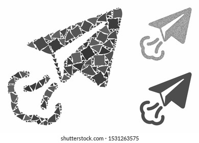 Paper plane start mosaic of rough items in different sizes and color tinges, based on paper plane start icon. Vector abrupt dots are composed into mosaic.