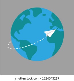 Paper plane surround the earth on grey background