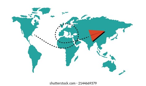 Paper Plane with Trace on World Map Traveling Concept. Traveling industry and trip planning idea