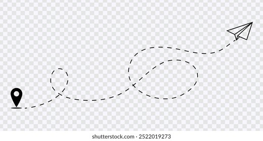 "Ícone de viagem de avião em papel com rota de voo tracejada e ponto de destino."