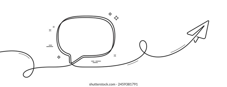 Paper plane travel route. Abstract continuous line journey path, plane location, travel destination. Business startup journey trip. Speech bubble with flight route and paper plane. Vector