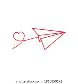 Paper Plane. Two Dash Heart In The Sky. Love Card. Vector Illustration.