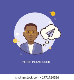 Paper plane user with boy wearing spectacles wearing blue coat flat concept design