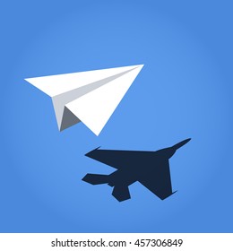 Paper Plane Vector Casting Shadow Jet Fighter, Concept Vector Illustration