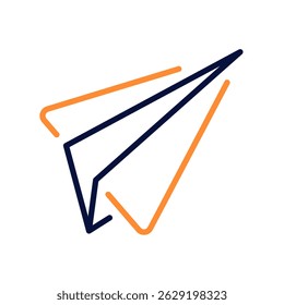 Paper Plane Vector Icon for Message Sending and Digital Mail. Flying paper airplane, fast communication and document transfer. Line Duo Tone Icon