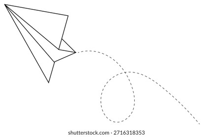 Ilustración vectorial de avión de papel, avión de papel de línea continua, ilustración abstracta de viaje de negocios, avión volador con ruta aérea punteada. Concepto de viaje, camino de avión de papel. Ilustración vectorial
