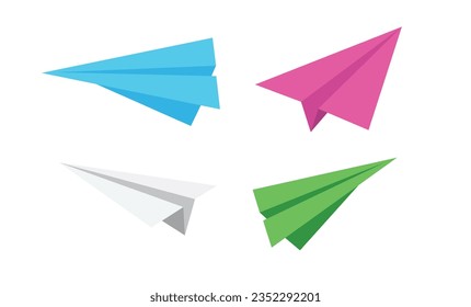 Paper plane vector illustration set in blue, pink, white, green. Handmade origami plane. Flat vector in cartoon style isolated.