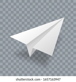 Paper plane vector realistic 3D model. White paper airplane jet isolated on transparent background