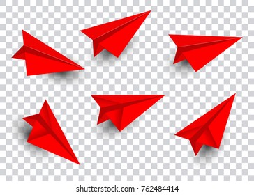 Paper plane vector set in red flat style isolated. Origami plane collection. Handmade paper plane and child paper plane.