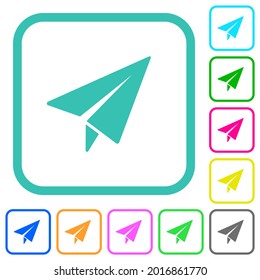 Paper plane vivid colored flat icons in curved borders on white background