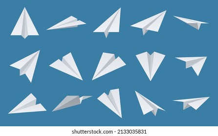 Paper plane. White aeroplanes. Different camera angles. Flying origami figure. Idea startup symbol. Airplanes flight. Aviation transportation or message sign. Vector 3D