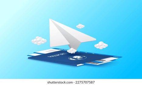 Paper plane white and cloud is taking off on passport. Travel transport concept. Ad template for making tourism. 3D Vector EPS10.