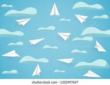 paper plane white competition charged up to the sky while flying above a cloud. business finance success. leadership. creative idea. startup. illustration cartoon vector