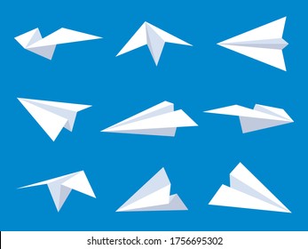 Paper plane. White origami paper airplanes from different angles in blue sky, flying simple planes for logo aviation design, flat vector set