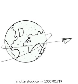 paper plane and world earth doodle illustration vector