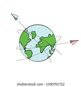 paper plane and world earth doodle illustration vector