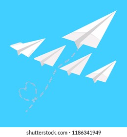 Paper Planes Background with dashed lines Heart shaped.