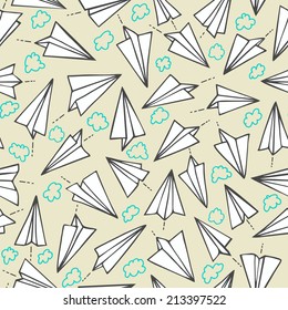 Paper planes and clouds seamless texture  on a blue background. Illustration in vector format.  Used for wallpaper, pattern fills, surface textures.