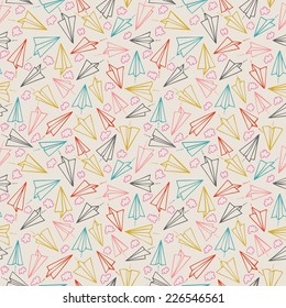 Paper planes and clouds seamless texture  on a pastel pink background. Illustration in vector format. Used for wallpaper, pattern fills, surface textures.