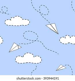 Paper planes and clouds.Usable for children. Seamless pattern. Vector illustration.