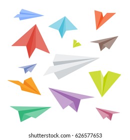 Paper planes colorful,  isolated, white background. Handmade origami  paper planes in different colors. Vector, illustration, flat