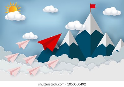 Paper planes are competing to destinations. Business Financial concepts are for success and corporate goals. illustration of nature landscape sky with cloud and mountain. paper art