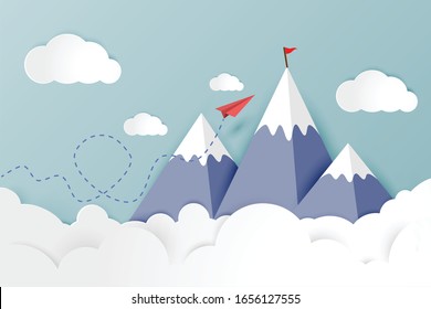 Paper planes are competing to destinations. Business Financial concepts are for success and corporate goals. illustration of nature landscape sky with cloud and mountain. paper art