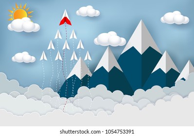 Paper planes are competing to destinations launch to the sky. Cloud Mountain. start up, Business Financial concepts are competing for success and corporate goals concept. vector illustration paper art