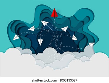 Paper planes are competing to destinations Up to the sky. Business Financial concepts are competing for success and corporate goals. Failure.  There is a high competition. start up. paper art style
