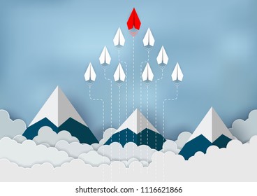 Paper planes are competing to destinations up to the sky go to success goal. business financial business financial concept. leadership. creative idea. illustration vector. start up. paper art style
