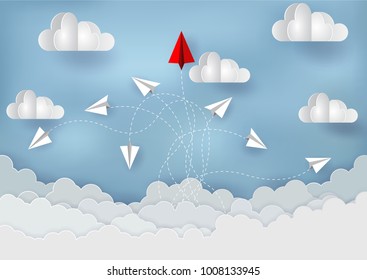 Paper planes are competition to destinations up to the sky go to success goal. business financial concept. leadership. creative idea. illustration vector. start up. paper art style
