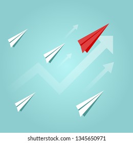 Paper planes are competition to destinations up to the sky go to success goal. business financial concept. leadership. creative idea. illustration vector. start up. paper plane style