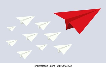 Paper planes competition in the sky background illustration. Concept of leadership, teamwork, different, competition, business, startup, management, goal, strategy, creative idea. VECTOR EPS10.