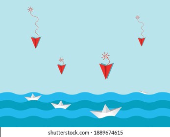 Paper planes dive kamikaze into cartons in the middle of the sea. Vector illustration of old military planes and planes of kamikaze. Creative idea symbol paper art style illustration.