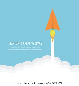 paper plane's engine is idea, can launch to creative space like a rocket, thinking concept, flatstyle