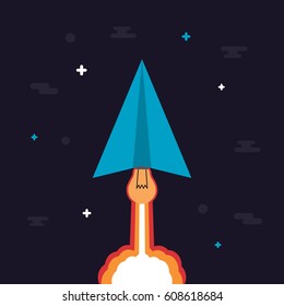 paper plane's engine is idea, can launch to creative space like a rocket, thinking concept, flat style