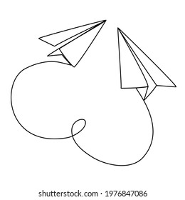 Paper Planes fly one after another Continuous Line Drawing heart-shaped Path romance travel allegory office romance Vector Illustration