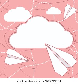 Paper planes flying above cloud with blank space for text and seamless texture on background. Can be used for greeting card. EPS8 vector illustration in flat style.