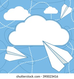 Paper planes flying above cloud with blank space for text and seamless texture on background. Can be used for greeting card. EPS8 vector illustration in flat style.