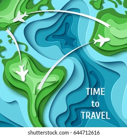 Paper planes flying across world map. Around the World - travel concept. 3d paper cut tourism design. Time to travel vector illustration. Vacation concept background