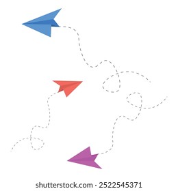 Paper planes flying around, dashed lines, vector design