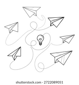Aviões de papel voando ao redor da lâmpada elétrica representando o trabalho em equipe criativo e compartilhando ideias de negócios conceito