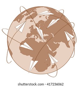 Paper planes flying around the world. Traveling or mail