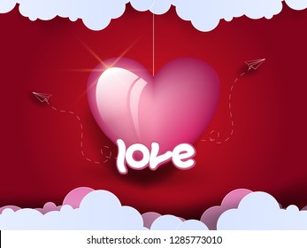 paper planes flying from the back of the heart. The clouds are located at the top and bottom. pink background. Paper art. EPS 10. Vector illustrator.