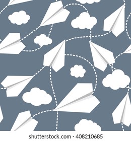 Paper planes flying in clouds. EPS8 vector illustration includes Pattern Swatch.