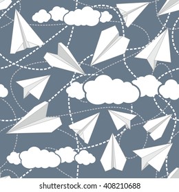 Paper planes flying in clouds. EPS8 vector illustration includes Pattern Swatch.